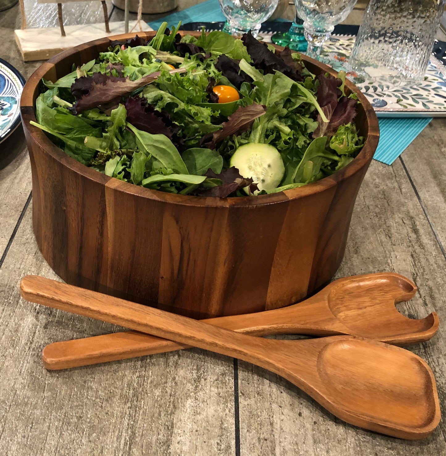 Acacia Wood Salad Bowl with Servers 12" x 5"
