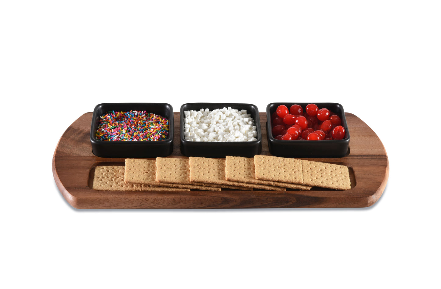 Charcuterie/ Serving Tray w/ 3 black square ceramic bowls 9" x 18"
