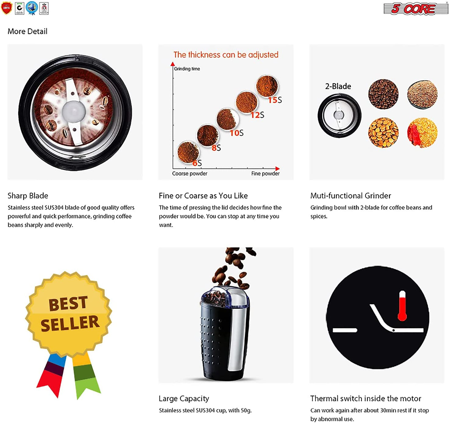 5 Core Coffee Grinder 2Pcs 85 Gram Capacity 150W Electric Bean Spice
