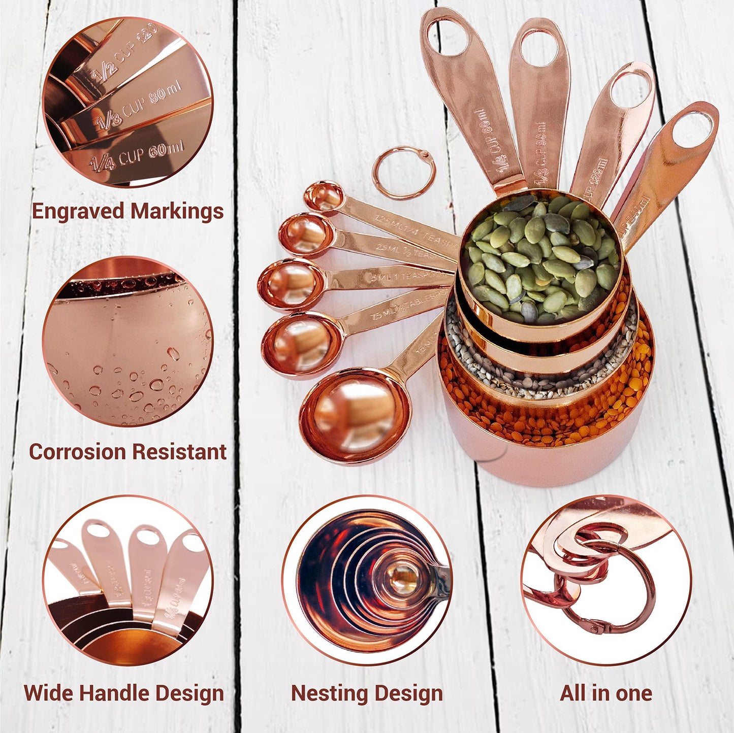 Measuring Cups and Spoons Set of 9 Stainless Steel Dry and Liquid