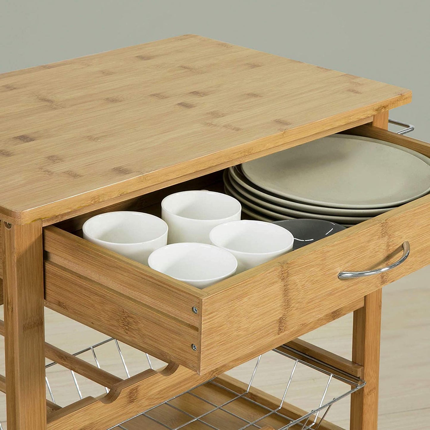 VIKUS Bamboo Kitchen Storage Trolley with Wine Rack