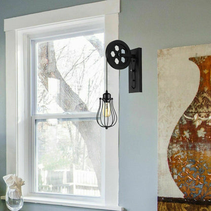 Retro Industrial Pulley Wheel Wall Light Fixture Metal Balloon Cage